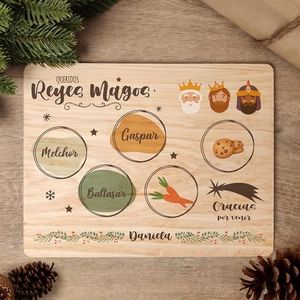 Bandeja Navidad Personalizada Reyes Magos Santa Claus Papa Noel Nombre Bienvenida Madera Decoracion Galletas Leche Agua Camellos (Reyes Magos Color)