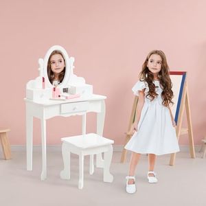 Garvee Kids Vanity Set with Adjustable Angle Mirror, Pretend Play Girls Vanity Table and Chair Set with Mirror, Stool, and Wood Makeup Playset, White