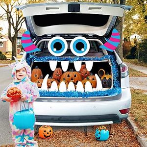 Joy Bang Trunk or Treat Car Decorations Kit, Trunk or Treat Decoartions for SUV, Monster Halloween Car Decorations Decor, Cute with Blue Tinsel Garland Decor and Large Eyes Fangs