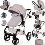 Baby Stroller Pram Pushchair Buggy Lightweight Folding Strollers 3 in1 Travel System Baby Trolley Baby Pram for Newborns Toddlers 0-36 Months from Birth… (Light Grey - Silver Frame)