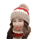 Alexvyan Twist Color Winter Very Soft Warm 1 Set Snow Proof Knitted Ball Cap (Inside Fur) Woolen Beanie Cap + Neck Muffler Scarf Set for Ladies Women Girl (Brown)