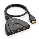 QGECEN HDMI Switch 3 Port, 4K 30hz HDMI Switcher Selector with 56cm Cable, 3 In 1 Out HDMI Splitter Hub, Auto-Switch & Manual Switch, Gold-Plated, for PS4 XBOX Sky Q Fire Stick Roku PC TV Monitor