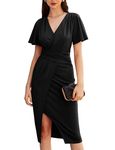 GRACE KARIN Women Black Dresses Midi Wrap Slit Bodycon Dress Short Sleeve Ruffle Ruched Smocked Pencil Business Work Dress S