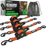 Rhino USA Retractable Ratchet Tie Down Straps (4PK) - 540kg Guaranteed Max Break Strength, Includes (4) Ultimate 2.5 cm x 3m Autoretract Downs with Padded Handles - Orange