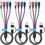 4 in 2 Multi Charging Cable, 3Pack 6FT Multi USB Cables, Chargers for Multiple Devices Nylon Braided USB A/C to 2*Lighting/Typc C/Micro USB Port Universal Charging Cable Multiple Ends for Phone