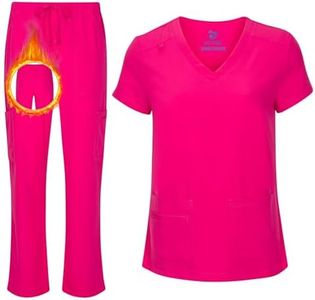 ACTIVE UNIFORMS Women's Cool Stretch V-Neck Top and Cargo Pant Scrub Set with Regular and Petite Sizes, Hot Pink (X-Small)