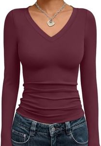 Trendy Queen Long Sleeve Shirts for Women 2026 Fall Fashion Crop Tops for Women V Neck Casual Basics Slim Fitted Y2K Cute Dress Tops Winter Outfits Clothes Blouses WineRed 2XL