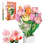 Flowers Bouquet Building Set (1011 PCS) - Christmas, Mother's Day, Valentine's, or Birthday Gifts Ideal for Adult, Women, Girls and Boys, Compatible with Lego, Rose Tulips Toy Building Block with Vase