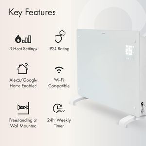 Devola 2000W Smart Glass Panel Heater – Wall Mount or Freestanding