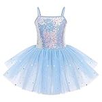 IWEMEK Kids Girls Sequins Leotard Tutu Ballet Dress Sleeveless Spaghetti Strap Skating Gymnastics Children Dancewear Fairy Swan Dance Dresses Performance Ballroom Dancer Costume Blue 3-4 Years