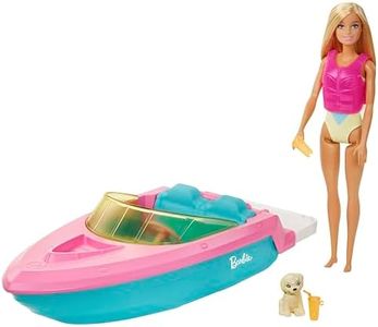 Barbie con Barco, Muñeca con bañador y Barco de Juguete para el Agua, con Mascota y Accesorios acuáticos (Mattel GRG30)