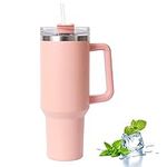 Travel Tumbler with Straw Lid and Handle, Travel Mug 40oz/30oz Stainless Steel Coffee Travel Insulated Cup Mug Leak Proof Vacuum Insulated Water Bottle for Cold & Hot Drinks (Pink 40oz)