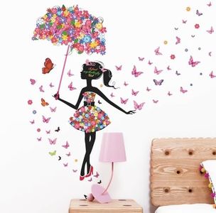 Supzone Flower Fairy Wall Decal Girl with Umbrella Wall Sticker Colorful Butterfly Floral Wall Decor DIY Vinyl Mural Art for Girls Baby Nursery Bedroom Living Room Playroom