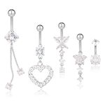 5pcs Belly Button Rings, Stainless Steel Dangle Belly Rings Heart Flower Butterfly Diamond Belly Button Ring Bars Belly Piercing Jewelry Navel Rings for Women Girls (Silver)