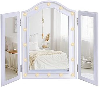 HOMCOM Trifold Freestanding Mirror, Lighted Tabletop Vanity Mirror Large Cosmetic w/16 LED Lights powered by batteries Foldable For Bedroom- White