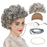 Old Lady Cosplay Set - Grandmother Wig, Wig Cap,Madea Granny Glasses, Eyeglass Chains Cords Strap, Pearl Beads