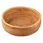 AMOLOLO Hadewoven Round Rattan Fruit Basket Wicker Food Tray Weaving Storage Holder Dinning Room Bowl, 9 Inch Woven Bread Basket Key Bowls with 3.5”Wall for Table, Countertop (Medium 8.66")