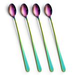 Latte Spoons, Set of 4 Long Handle Spoons, Stainless Steel Coffee Spoons Tea Spoon Ideal for Latte Coffee, Espresso, Hot Chocolate, Hot Drinks, Dessert & Ice Cream Sundae - 9inch(Rainbow Color)