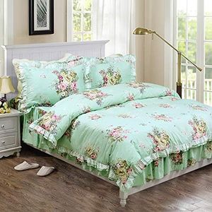 FADFAY Shabby Green Floral Bedding 100% Cotton Princess Lace Ruffle Girls Duvet Cover Set with Bedskirt, 4Pcs, Full Size