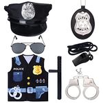 Keymall Kids Police Costume Set-7 Pcs Police Officer Dress Up For Boys-Hat,Vest, Badge,Whistle,Sunglasses,Handcuff,Baton (Set C) - Plastic, Blue