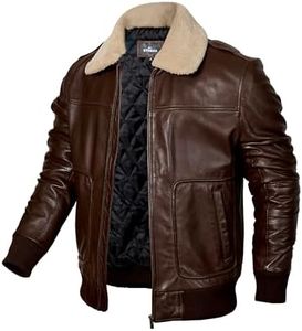 STREGA Men's Brown Leather Bomber Aviator Jacket – Top Grain New Zealand Lambskin Leather with Removable Sherpa Collar & Diamond Quilted Lining – Medium