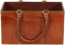 Deco 79 Leather Handmade Box Style Single Slot Magazine Holder with Detail Stitching and Curved Handles, 15" x 8" x 16", Brown