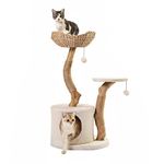 KONELCARE Modern Cat Tree for Indoor Small Cats - Real Wood Cat Tower with Scratch Post,Hiding Enclosure-Unique Cat Tree,White