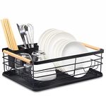 BTGGG Dish Drainer Rack with Removable Drip Tray, Metal Kitchen Dish Drying Rack Organiser with Wooden Handles, Dish Rack, Dish Drainers, Black, 43 x 30.5 x 14 cm