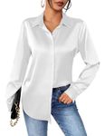 Zeagoo Womens Blouse Satin Shirt V Neck Long Sleeve Casual Solid Shirts Button Down Blouses Business Office Work Tops T Shirts White XL