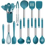 Herogo Kitchen Utensils Set, 12 Pieces Silicone Cooking Utensils with Stainless Steel Handle, Heat Resistant Cooking Tools Turner Spoon Spatula Set with Holder, Easy to Clean - Blue