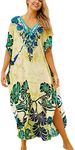 LikeJump Women's Cotton Boho Kaftan Beach Cover Up Swimwear Kimono Maxi Dress Plus Size