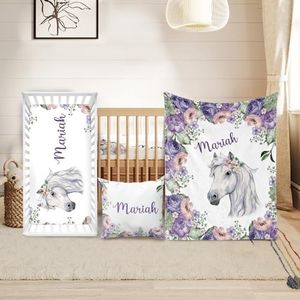 Duckbe Custom Crib Bedding Set - Horse Design Personalized Name Baby Nursery Bedding 3 Pcs Set - Chic Soft Blanket, Sheet, Pillowcase for Newborns Boys Girls Gifts Color09