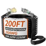 PlugSaf 16/3 Gauge Black Outdoor Extension Cord 200 ft Waterproof with Lighted Indicator, Cold Weatherproof -40°C, Flexible 3 Prong Long Extension Cord Outside,10A 1250W 16AWG SJTW, ETL Listed