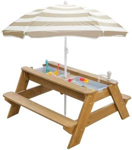 K LUCKIDS Kids 3-in-1 Sand & Water Activity Table, Wood Outdoor Convertible Picnic Table, 2 Play Boxes, Removable Top with Faucet, Picnic for Outdoor (Natural/Brown)