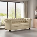 mcc direct Large 2 seater Chesterfield Style Button back Sofa, Couch Linen Fabric Settee for Living Room, Office, Bedroom - Victoria(Beige)