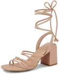 Coutgo Women's Strappy Chunky Heels Sandals Lace Up Block Heel Square Open Toe Dress Shoes, Coffee, Size 6.5