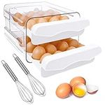 32 Grid Egg Storage Drawer, BOJVESH Clear Double Layer Egg Container with 2 Balloon Whisk, 2 Drawers Stackable Egg Tray Box for Kitchen Fridge