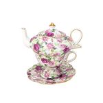 Gracie China by Coastline Imports 4-Piece Porcelain Tea for One, Stacked Teapot Cup Saucer, Pink Summer Rose Chintz