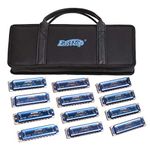 Harmonica Set 12 key blues harp 008K Professional Diatonic Harmonicas 10 Holes 20 Tones Harmonica for Professional Player,Beginner,Students,Children with Black Gift Bag (Blue-12 keys)