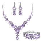 Ever Faith Wedding Bridal Jewellery Set, Rhinestone Crystal Art Deco Floral Vine Teardrop Necklace Earrings Bracelet Set Lavender Purple Silver-Tone