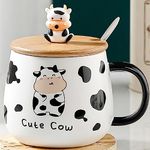 BonZeal Birthday Gift for Girls Boys, Gift for Animal Lover, Printed Cute Cow Coffee Mug with Lid Spoon Tea Cup Set Gift for Birthday, Gift for Brother Sister, Gift for Friend, Mugs for Coffee 400ml