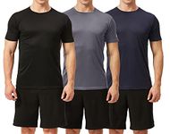 TEX2FIT Men's 3 Pack Active Sport Quick Dry T-Shirts (3 pcs Set) (PRO Series - Black/Navy/Grey, M)