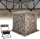 GYMAX Hunting Blind, 3 Person Pop up See Through Camouflage Deer Blind with Silent Sliding, Windows, Carrying Bag, Portable Folding Ground Blind for Dove Turkey Hunting Outdoor (Blind + Chair)
