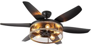 Ohniyou Farmhouse Ceiling Fan with Lights and Remote,52 inch Rustic Ceiling Fan with Caged Light Fixture, Retro Black Outdoor Ceiling Fans for Patio,Living Room,Dining Room,Bedroom