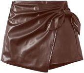 Milumia Girl's PU Leather Wrap Knot Side Skorts Casual Ruched Elastic Waist Shorts Dark Brown 8 Years