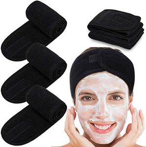 Spa Facial Headband Whaline Head Wrap Terry Cloth Headband 4 Counts Stretch Towel with Magic Tape for Bath, Makeup and Sport (Black)