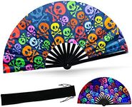 SYNTECSO Folding Hand Fan for Rave, UV Glow Fan, Large Bamboo Fan for Drag Queene, Women and Men Gift，Chinese Japanese Clack Fan for Parties, Music Festivals, EDM and Decoration