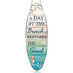 Hotop Metal Surfboard Sign Decor A Day At The Beach Restores The Soul Plaque Hanging Beach Decor for Wall and Door Outside Decor, 4 x 12.6 Inch