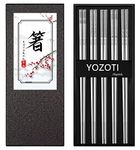 YOZOTI Stainless Steel Chopsticks, Silver Reusable Chopsticks, 5 Pairs Dishwasher Safe Metal Chopsticks, Easy to Use, Square Lightweight Chop Sticks, Gift Set (Silver)