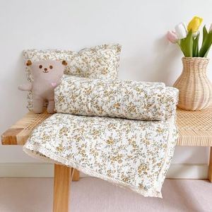 BuLuTu Baby Crib Comforter Quilt Muslin Baby Quilted Blanket Soft Lightweight Baby Comforter Toddler Kids Quilts with Flower Print, Hibiscus Pattern, 59"x47"